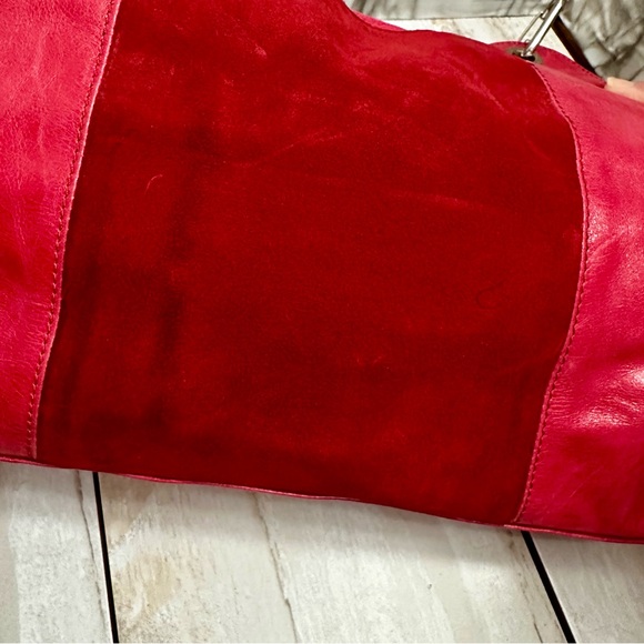 Plinio Visona Vibrant Pink Leather Shoulder Bag Red Suede Panel Large Hobo - Picture 10 of 16